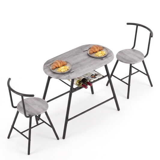 Artiss Oval Esstisch-Set 3-teilig, platzsparend, Bistroküche, Aufbewahrung, Weinregal, Grau