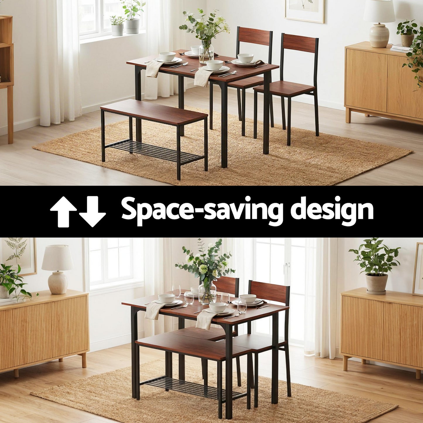 Artiss Dining Table and Chairs Set of 4 Storage Bench Kitchen Furniture Walnut