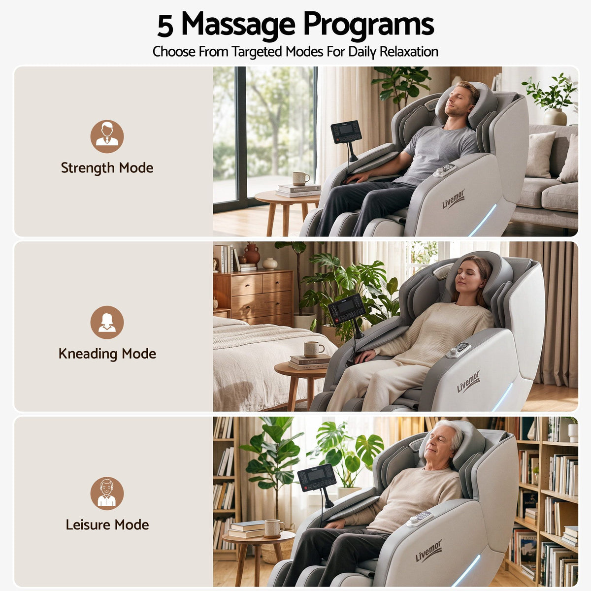 Livemor FLEX Full Body Massage Chair, Zero Gravity, Airbags, Recliner, Dual-Zone Waist & Calf Heat, 5 Auto Programs, 15cm Leg Extension for Different Height, Voice Control, Bluetooth Speakers