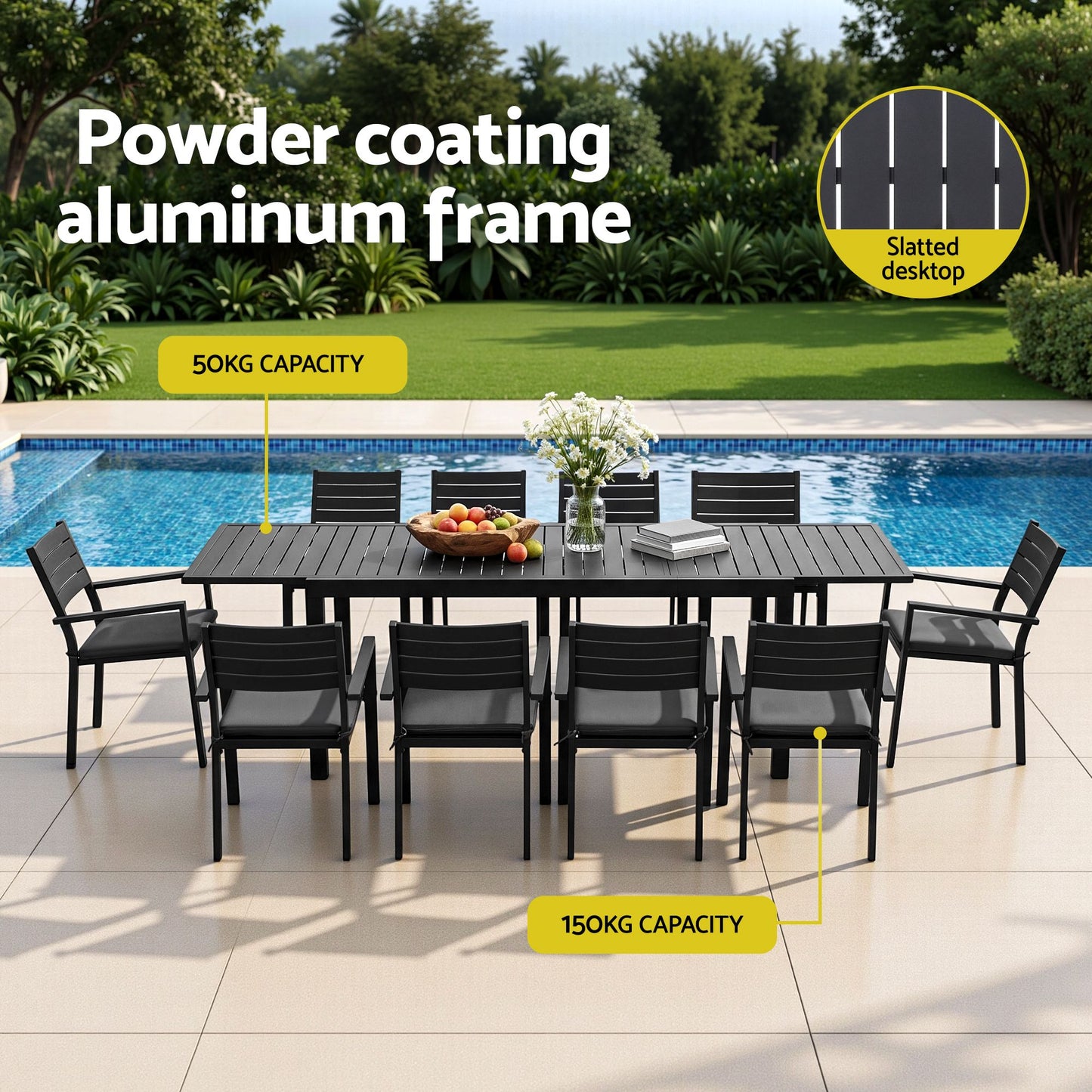 Gardeon Outdoor Dining Set 11PCS Aluminum Extendable Table and Chairs Patio Furniture Black