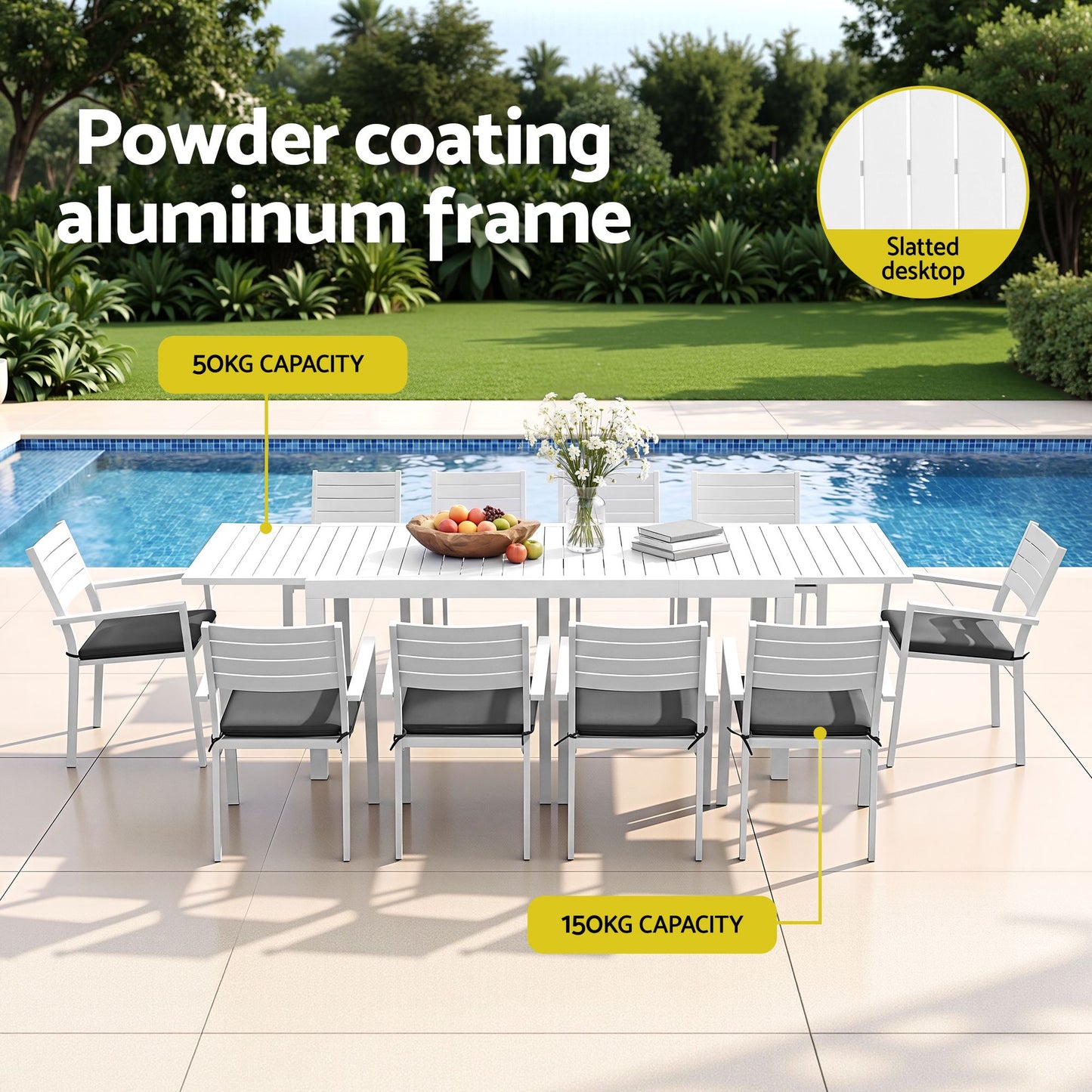 Gardeon Outdoor Dining Set 11PCS Aluminum Extendable Table and Chairs Patio Furniture White