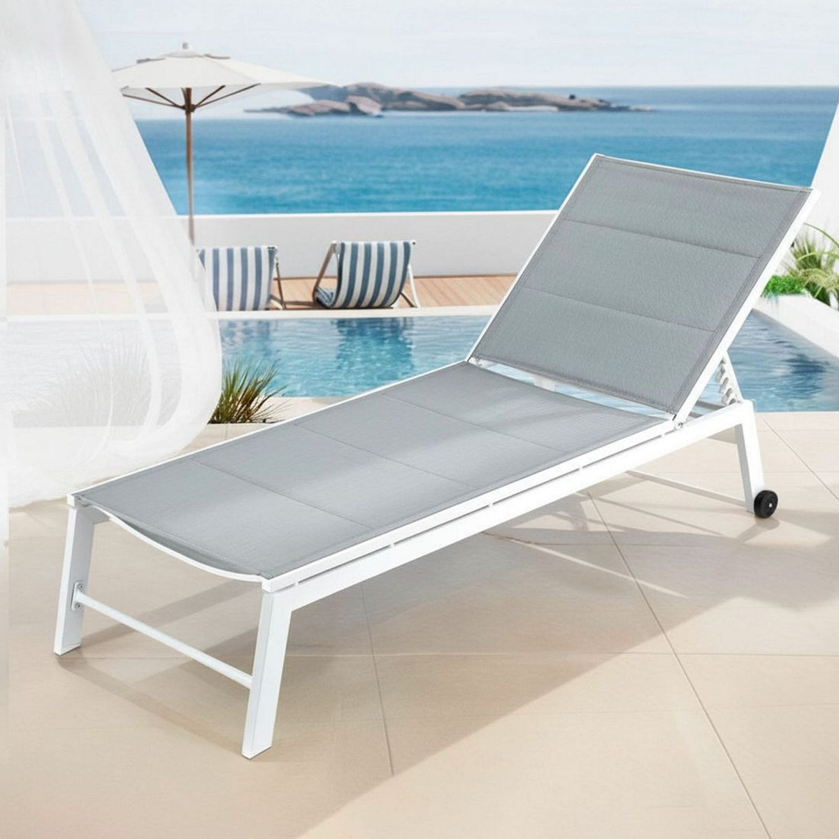 Gardeon 2PC Sun Lounger Chaise Lounge Wheels Patio Furniture Outdoor Setting White