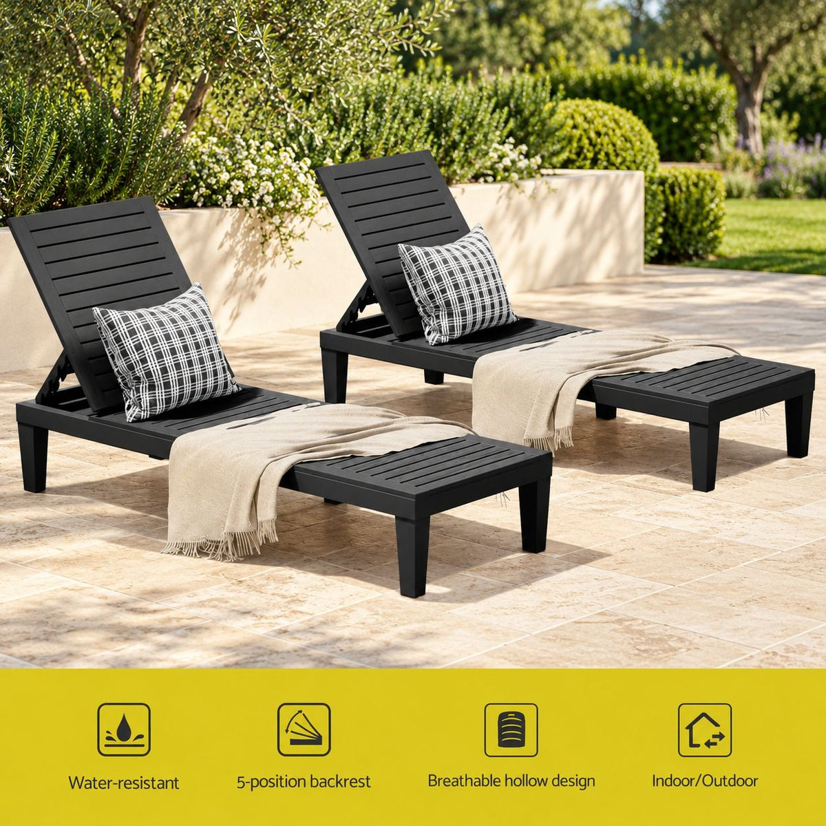 Gardeon 2x Sun Lounge Adjustable Recliner Patio Outdoor Furniture Lightweight Black