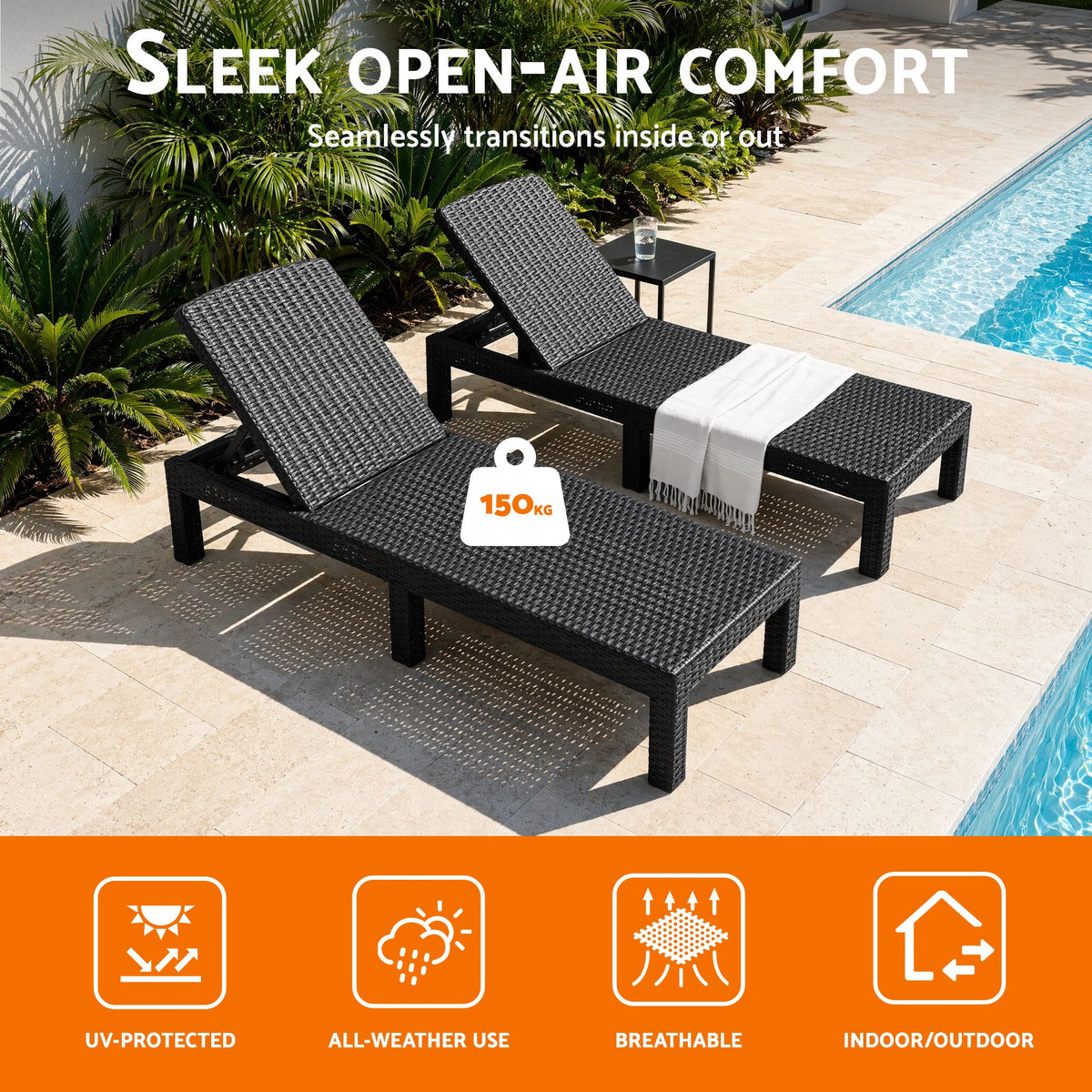 Gardeon 2X Foldable Sun Lounges Outdoor Recliner Patio Beach Chair Rattan Black