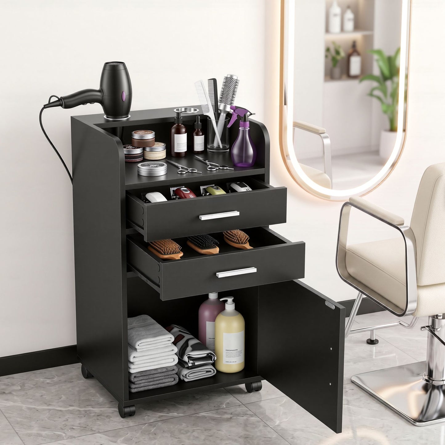 Artiss Professional Salon Station Rolling Cart, Hair Styling Beauty Cabinet with 2 Drawers & 2 Appliance Holders, Wood Barber Spa Trolley with 360° Wheels for Skincare & Vanity, Black