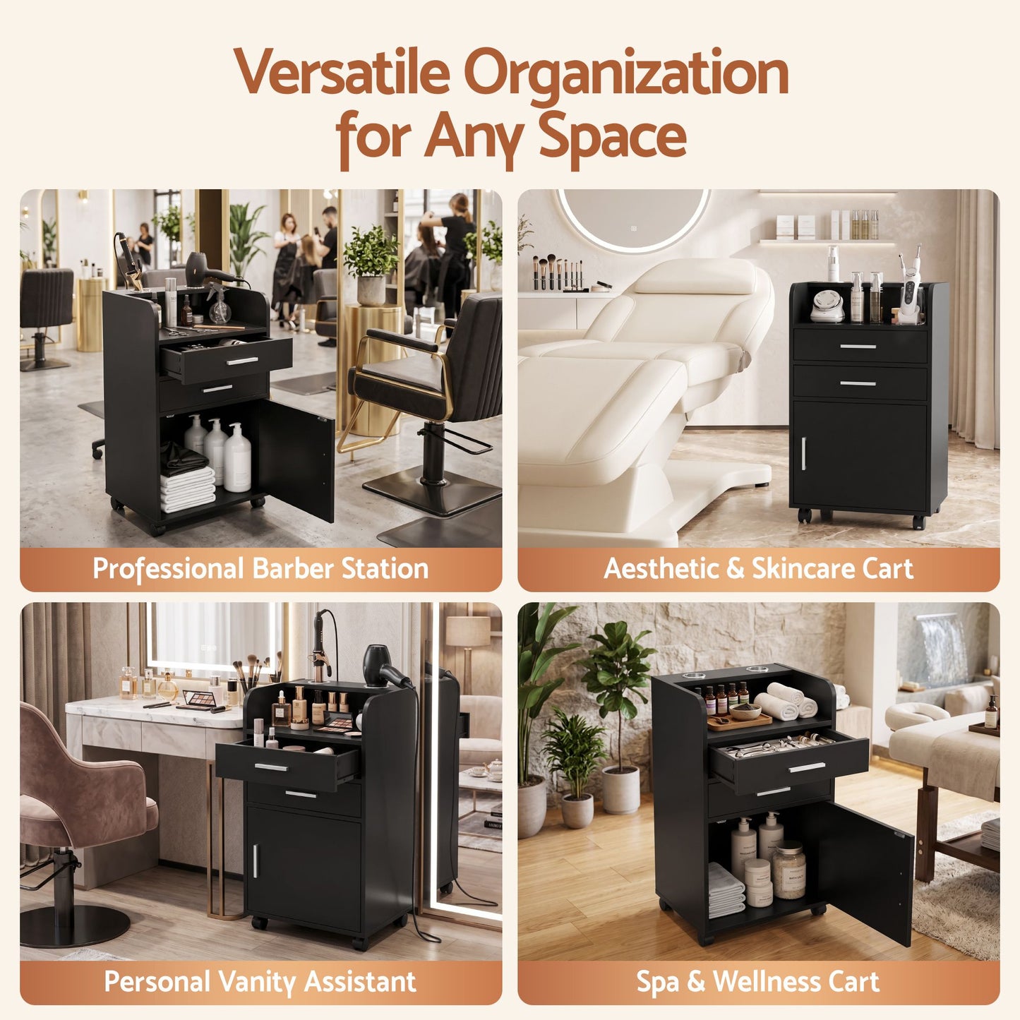 Artiss Professional Salon Station Rolling Cart, Hair Styling Beauty Cabinet with 2 Drawers & 2 Appliance Holders, Wood Barber Spa Trolley with 360° Wheels for Skincare & Vanity, Black