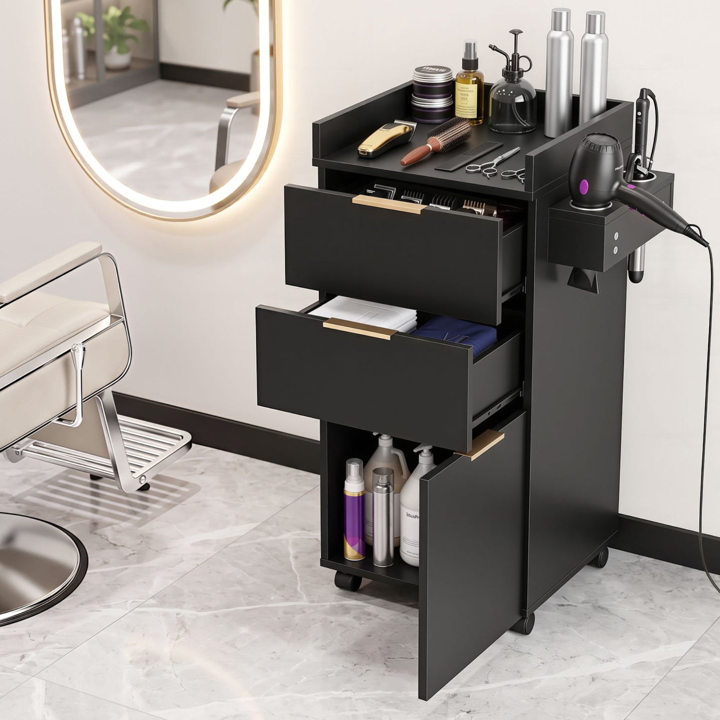 Artiss Professional Salon Station Rolling Cart, Hair Styling Beauty Cabinet with 2 Drawers, Large Supply Cabinet & 3 Appliance Holders, Wood Barber Spa Trolley with 360° Wheels for Skincare & Vanity, Black