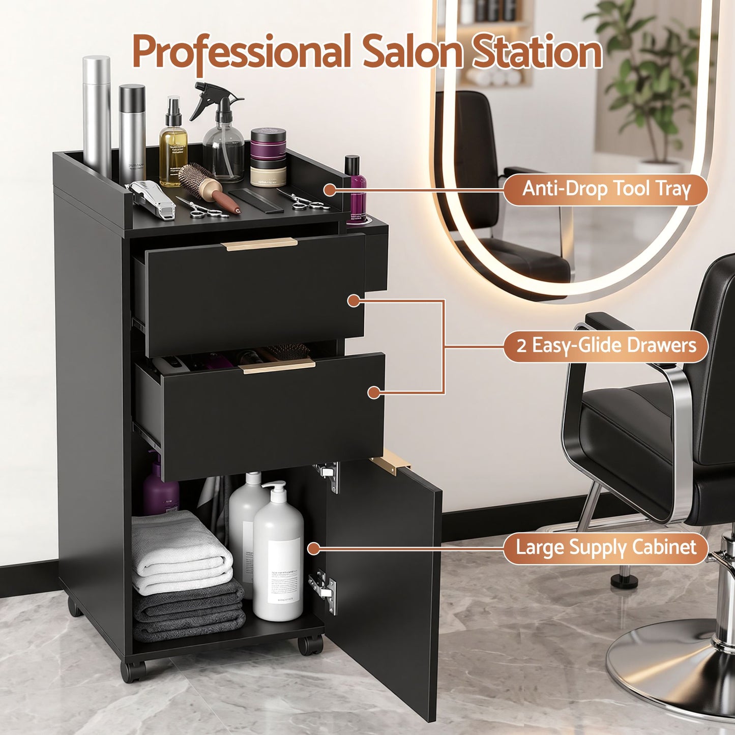 Artiss Professional Salon Station Rolling Cart, Hair Styling Beauty Cabinet with 2 Drawers, Large Supply Cabinet & 3 Appliance Holders, Wood Barber Spa Trolley with 360° Wheels for Skincare & Vanity, Black