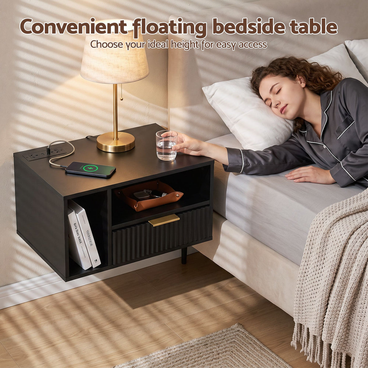 Artiss Floating Bedside Table with Charging Station Black Nightstand 1 Drawer