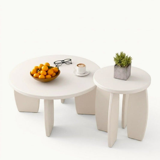 Artiss Couchtisch 2er-Set Hochglanz Rund Beistelltisch Nachttisch Holz Wohnzimmer Creme
