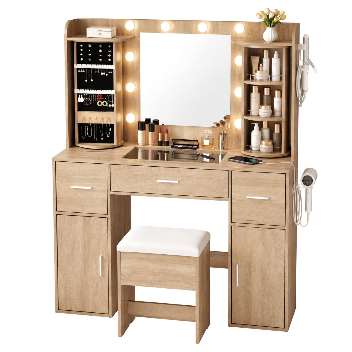 Artiss Dressing Table Vanity Desk LED Mirror Stool Set Charging Station Glass Top Rotating Shelf Wood