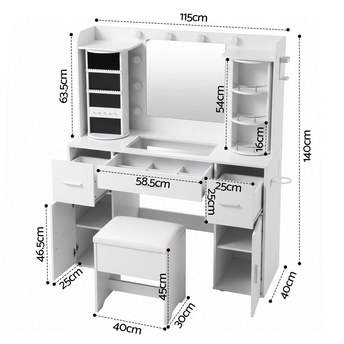 Artiss Dressing Table Vanity Desk LED Mirror Stool Set Charging Station Glass Top Rotating Shelf White