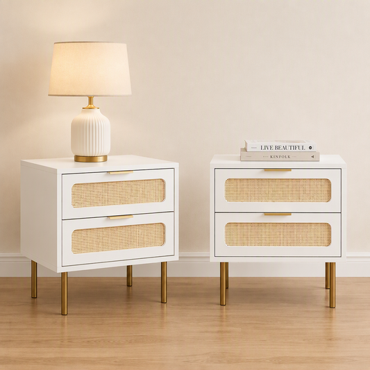 Artiss 2x Rattan Nachttisch 2 Schubladen Weiß