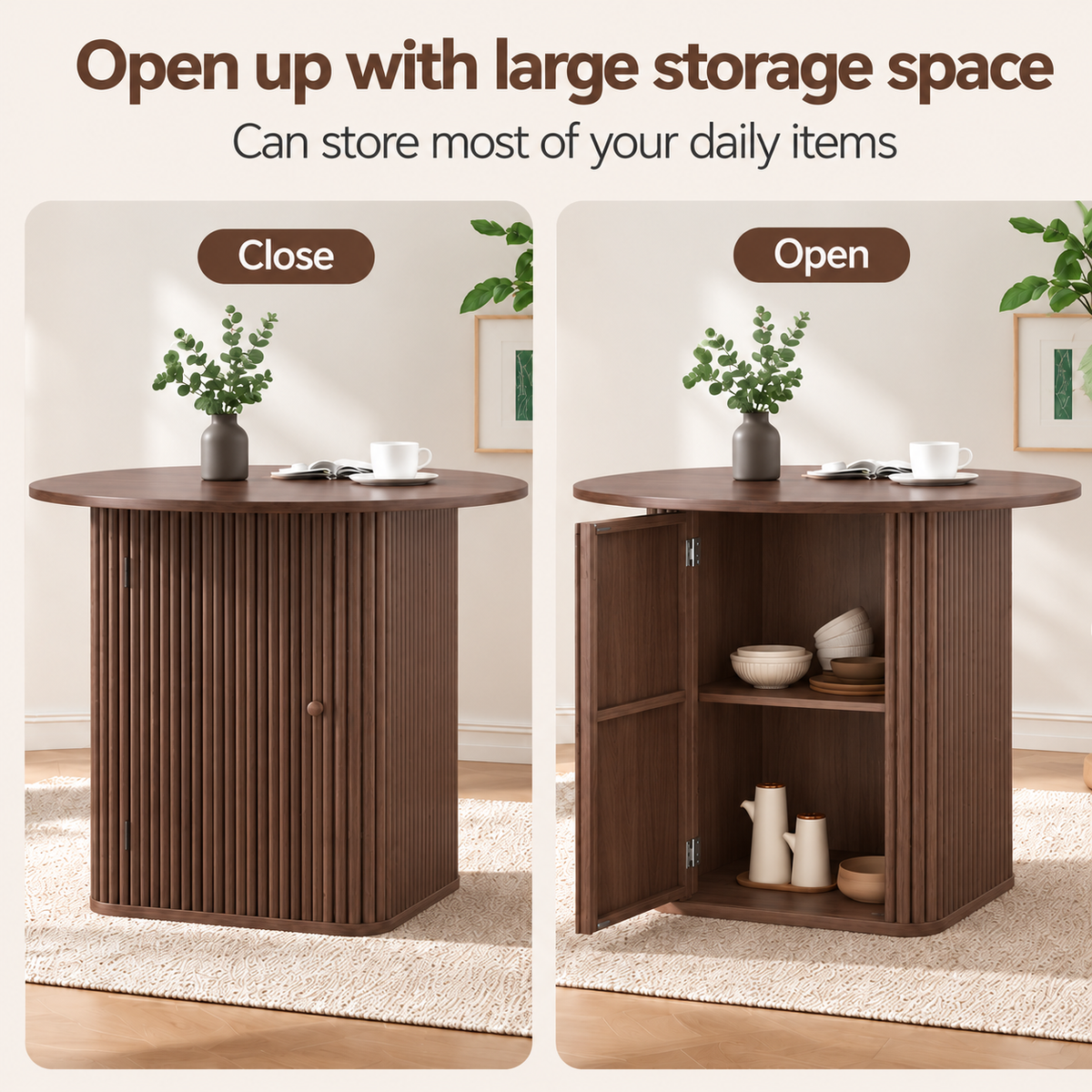 Artiss Modern Round Dining Table with Hidden Storage Base 100cm Dark Walnut