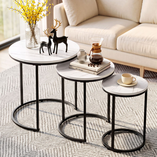 Artiss Nesting Coffee Table Set of 3 Round Stackable Side End Tables Marble Finish White