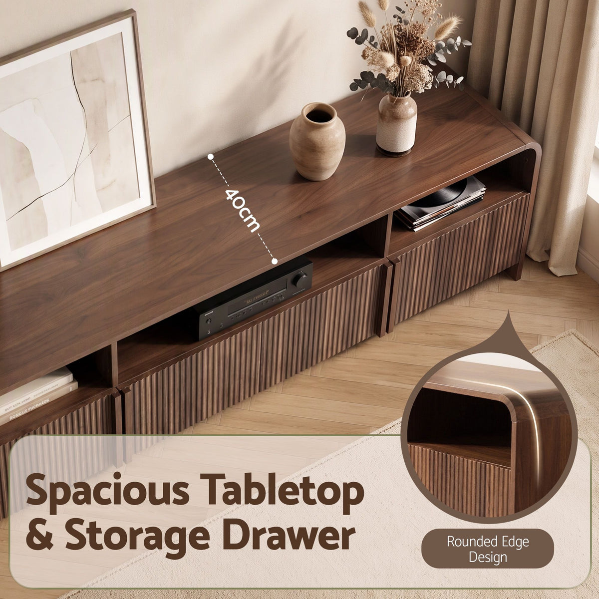 Artiss 180cm TV Unit Storage Cabinet Shelf Fluted Front Rounded Edge Anti-tip Kit Walnut