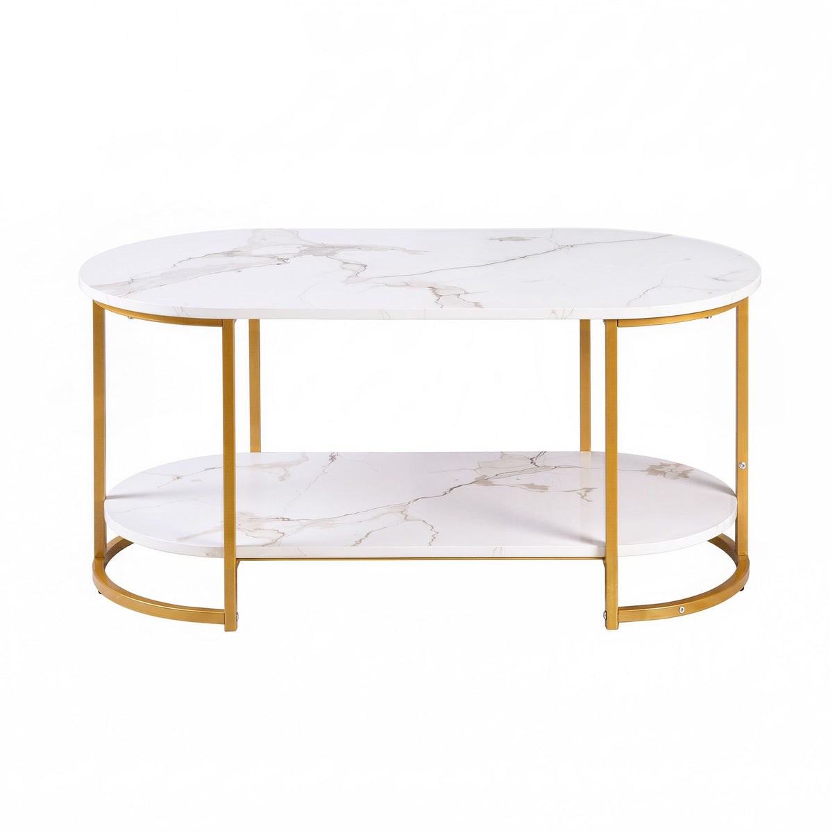 Artiss Coffee Table 2 Tier Oval Marble Finish Storage Shelf Metal Frame Center Table Living Room 100x50x45cm White & Gold