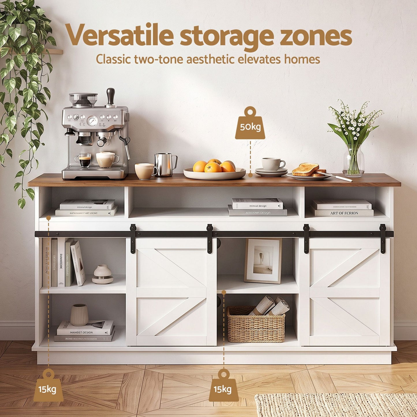 Artiss Buffet Sideboard Cabinet 150cm 3-Tier Kitchen Storage Sliding Doors White