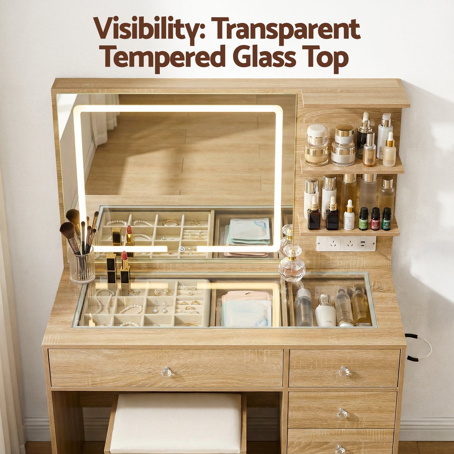 Artiss Dressing Table LED Vanity Desk Set Stool Wood