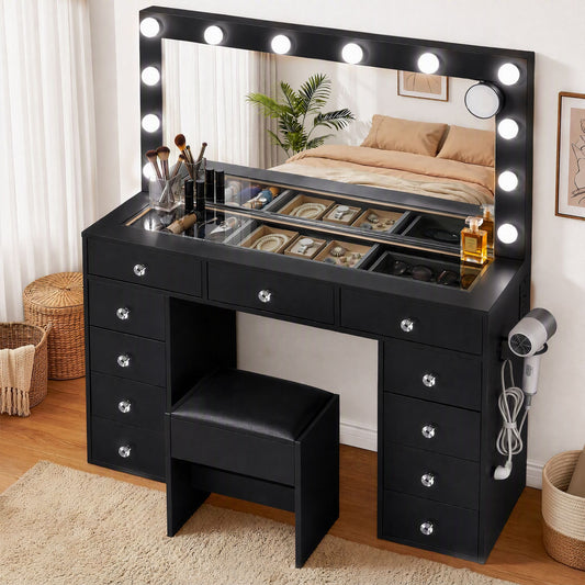 Artiss Schminktisch Ladestation LED Schminktisch-Set Hocker Glasplatte Make-up Spiegel Aufbewahrungsschublade Schwarz