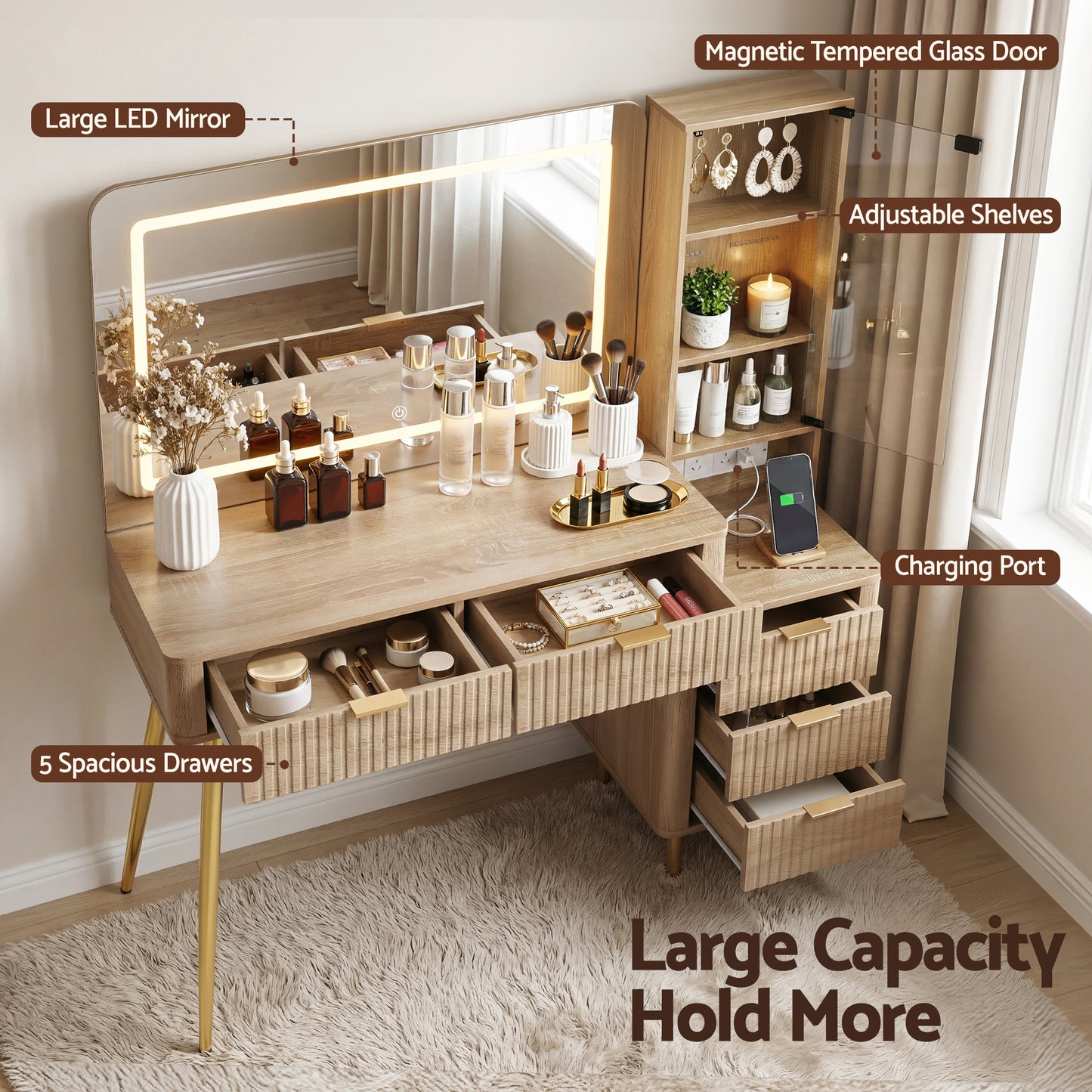 Artiss Dressing Table LED Vanity Desk Charging Station Wood