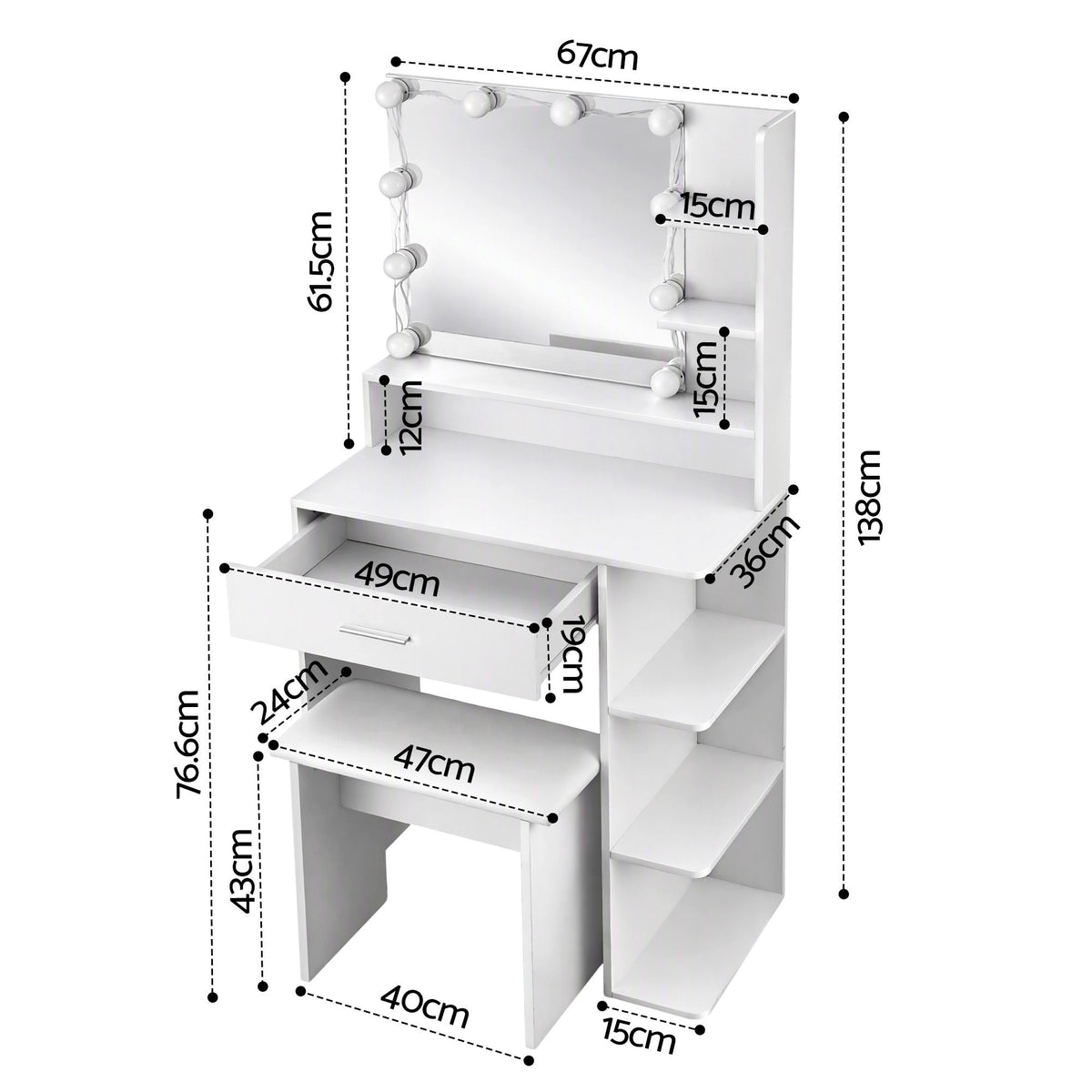 Artiss Dressing Table Vanity Desk LED Mirror Stool Storage Power Outlet Hairdryer Holder White