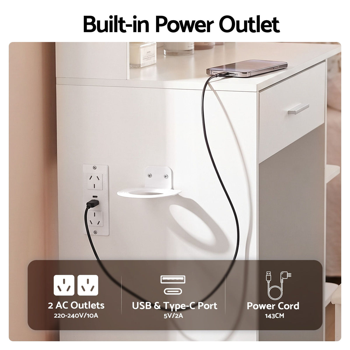 Artiss Dressing Table Vanity Desk LED Mirror Stool Storage Power Outlet Hairdryer Holder White
