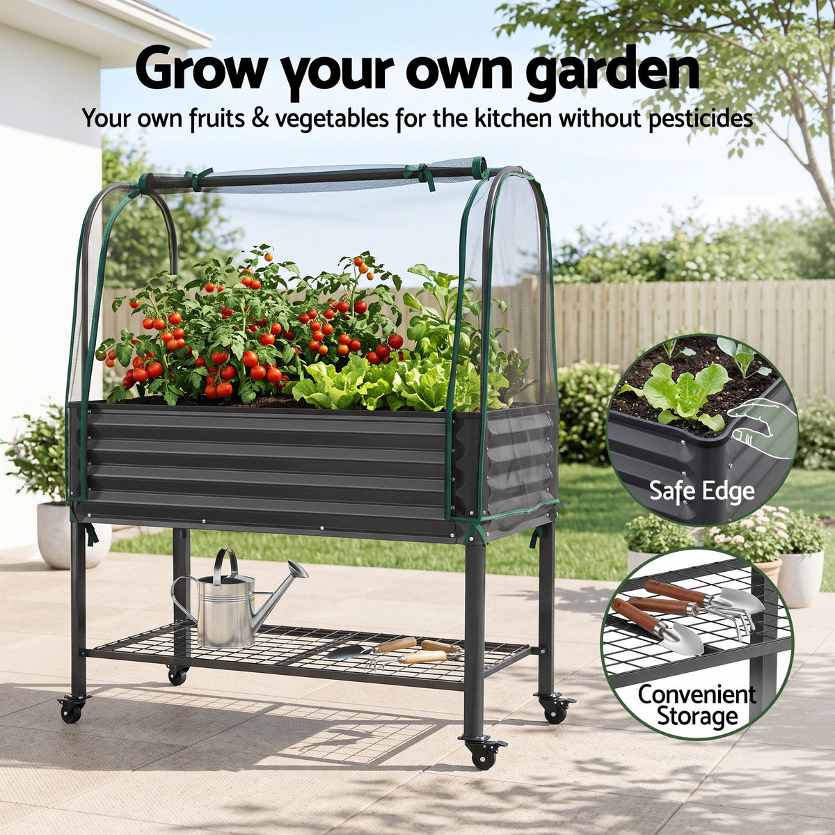 Green Fingers Mobile Raised Garden Bed with Net Cover Storage Shelf for Tomato Vegetables Herb Charcoal