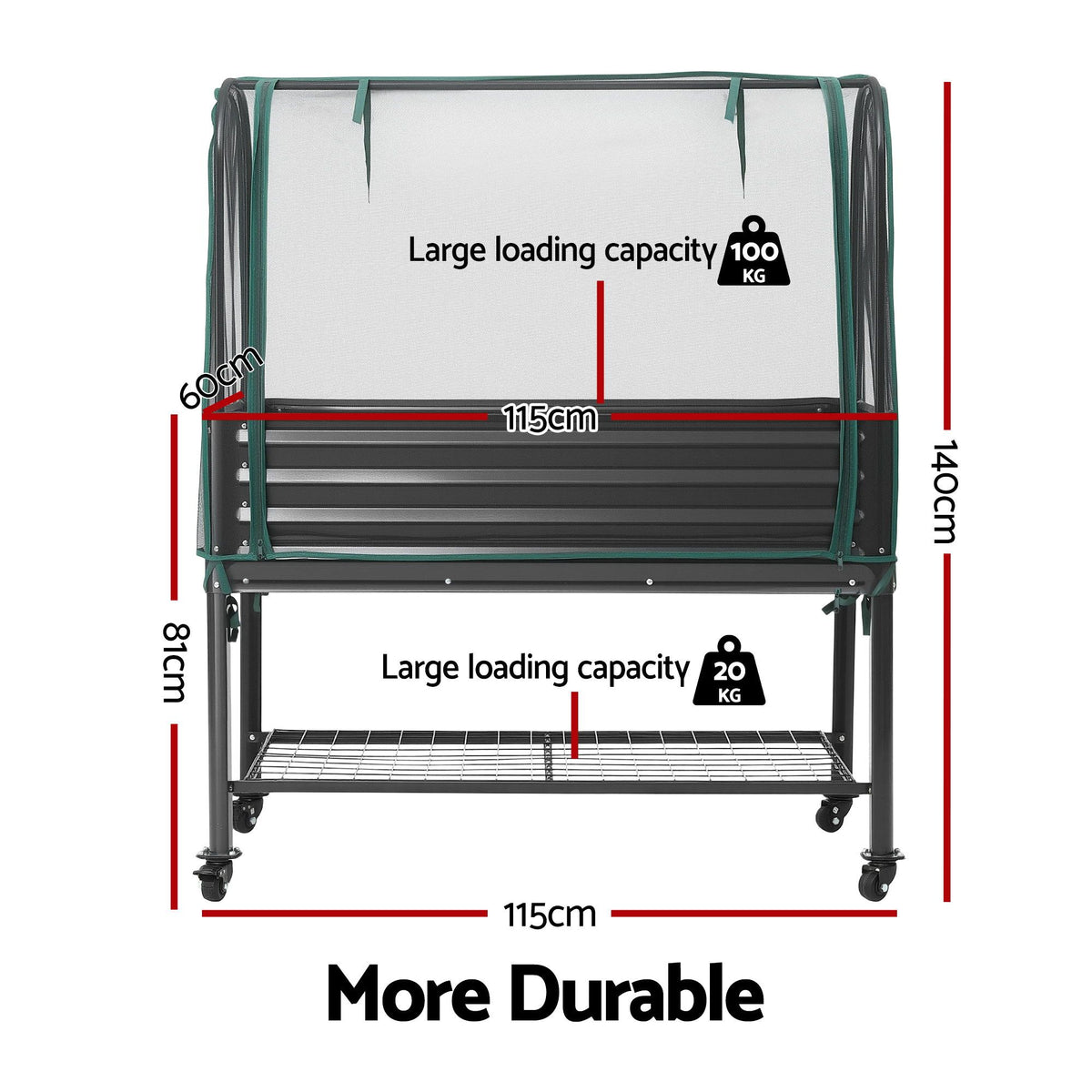 Green Fingers Mobile Raised Garden Bed with Net Cover Storage Shelf for Tomato Vegetables Herb Charcoal