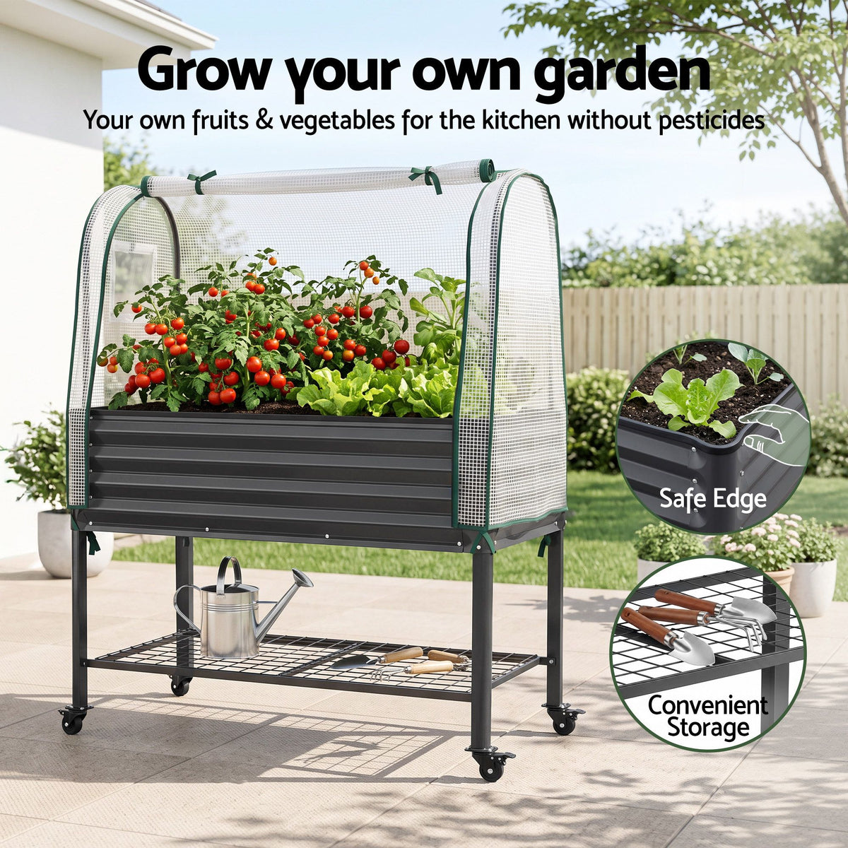 Green Fingers Mobile Raised Garden Bed with Greenhouse Cover Storage Shelf for Tomato Vegetables Herb Charcoal