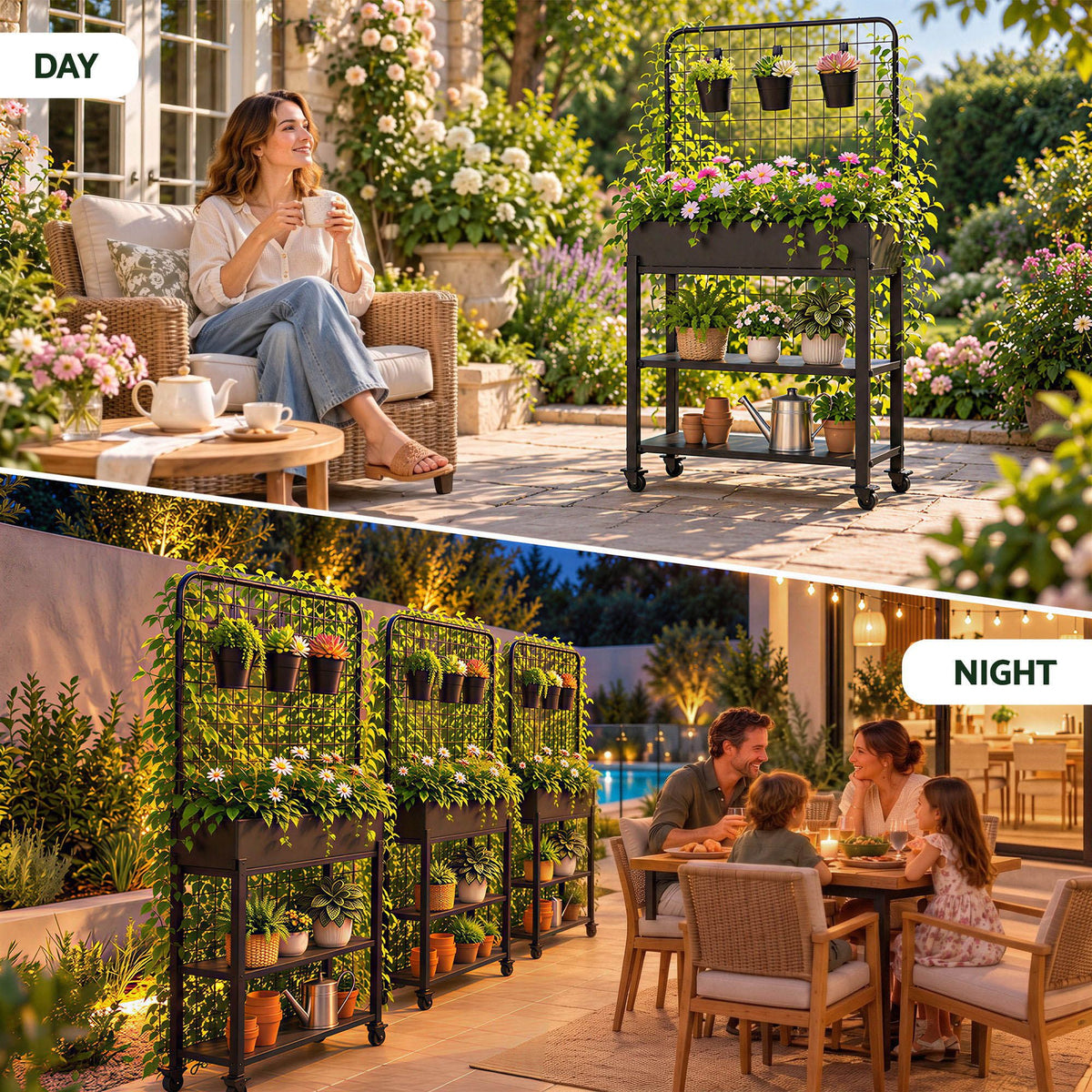Green Fingers Mobile Raised Garden Bed with Trellis & Shelves Dark Grey