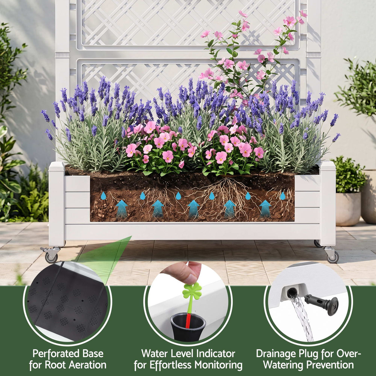 Green Fingers Mobile Planter Box with Trellis, Self Watering Garden Bed & Privacy Screen for Climbing Plants Flowers, White