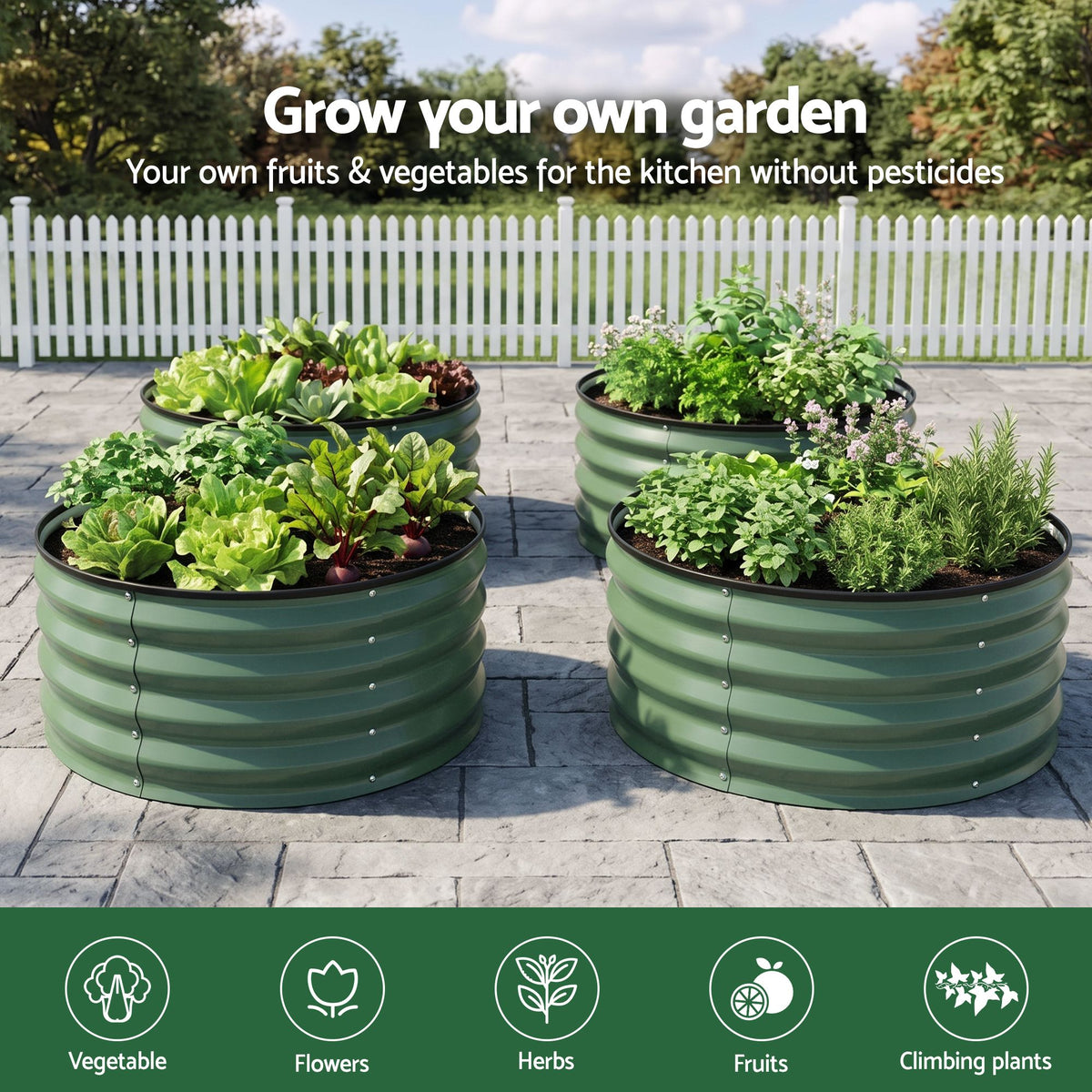 Green Fingers Round Raised Garden Bed 2 Pack Galvanised Planter Box Rust Resistant 60x60x30cm Green