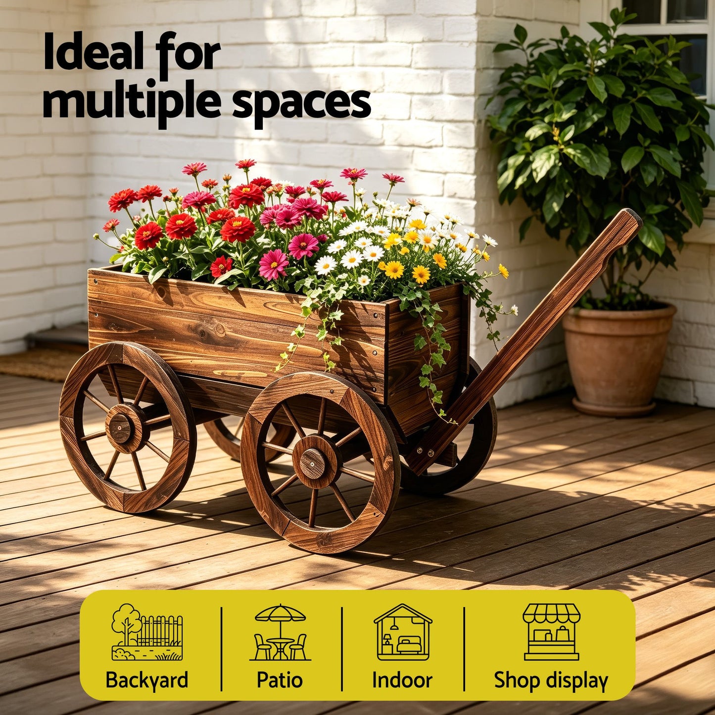Gardeon Wooden Planter Cart Garden Decor Plant Stand Fir Wood Flower Wagon Wheels XL