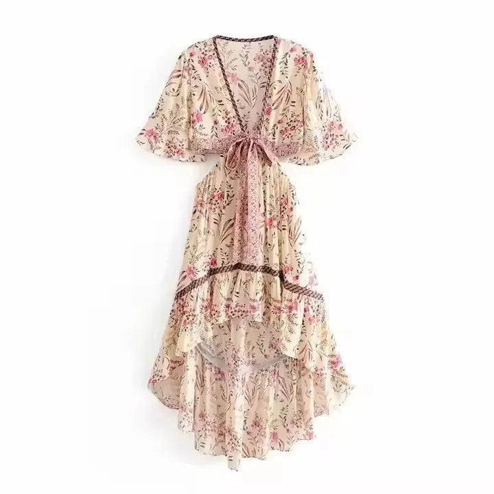 Robe Bohemian Lady Short Sleeve Rayon Summer Boho Dresses Women Hollow Out Sexy Beach Dress