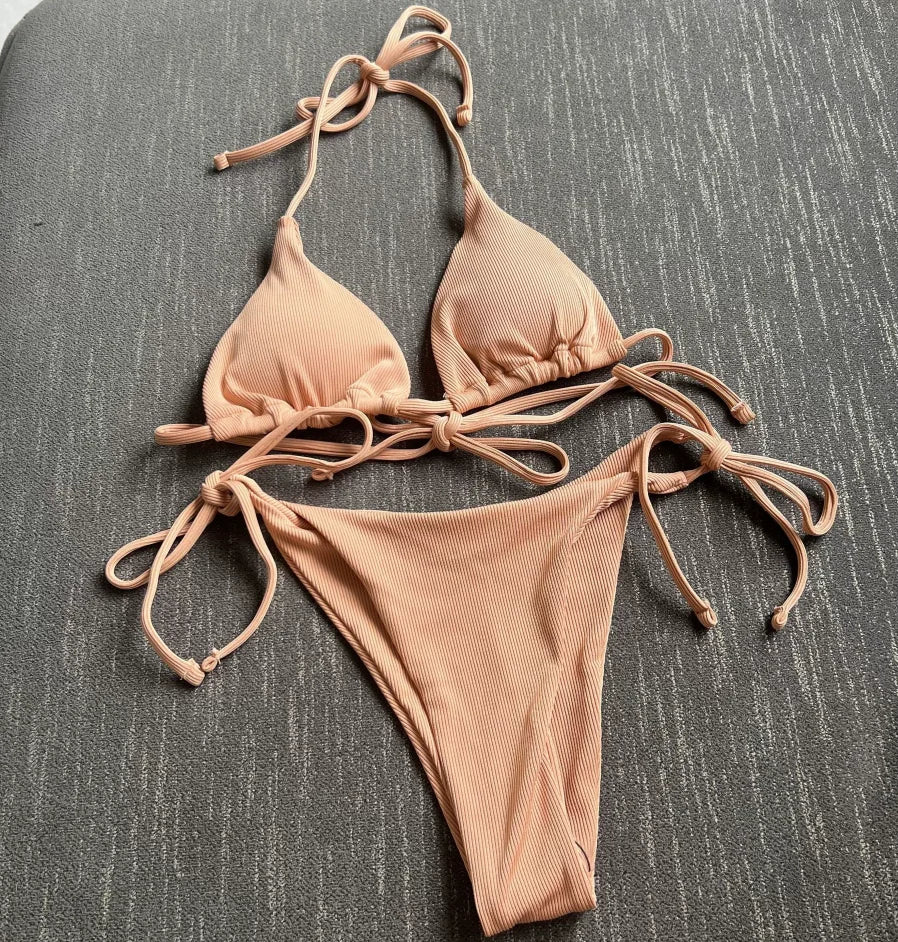 Women's Lace-Up Halter Ribbed Bikini Set - Solid Side Thong Swimsuit for Beach