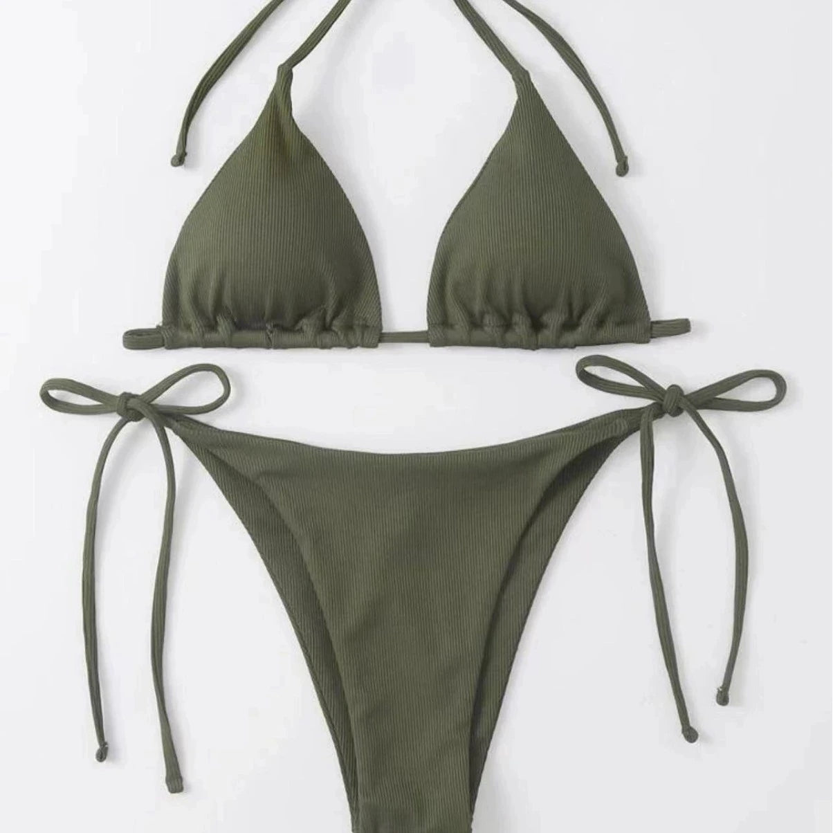 Women's Lace-Up Halter Ribbed Bikini Set - Solid Side Thong Swimsuit for Beach