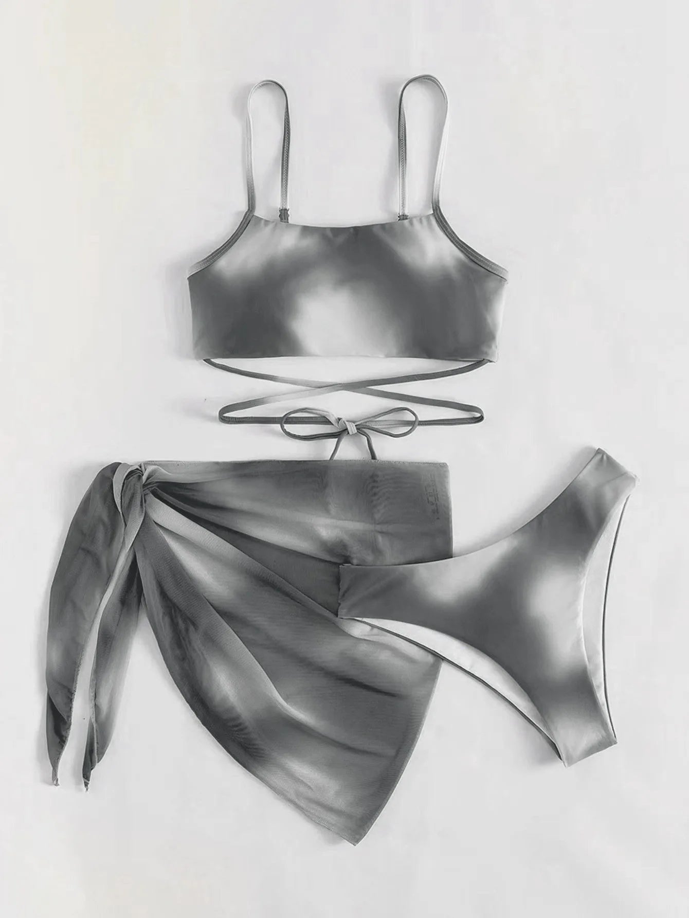 2026 European and American Cross-border Tie Dye Bikini Swimsuit Women's Three Piece Set Mesh Skirt Split Bikini Swimsuit