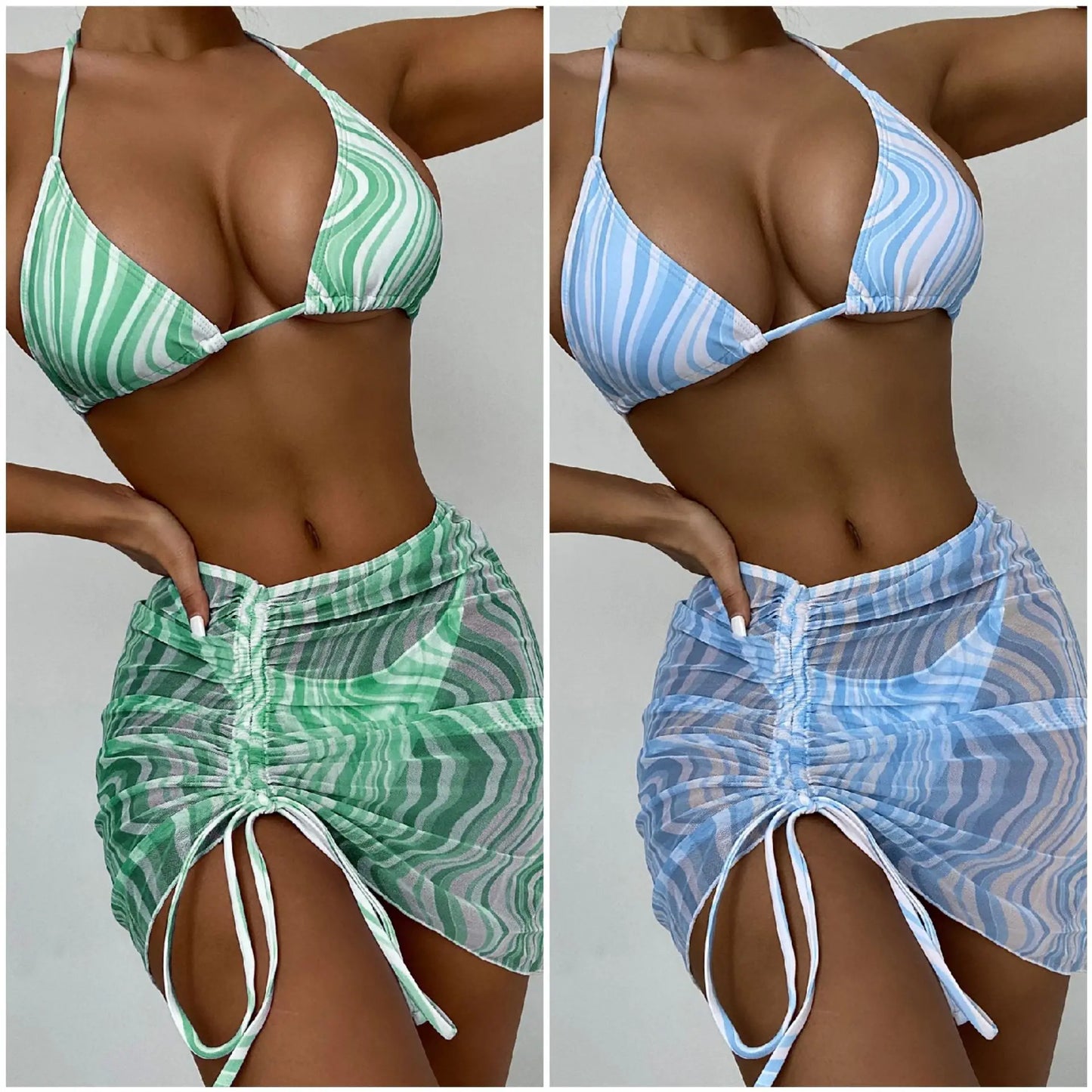 Women's Wrap Triangle Bikini Bathing Suits With Mesh Beach Skirt 3 Piece Striped Swimsuits