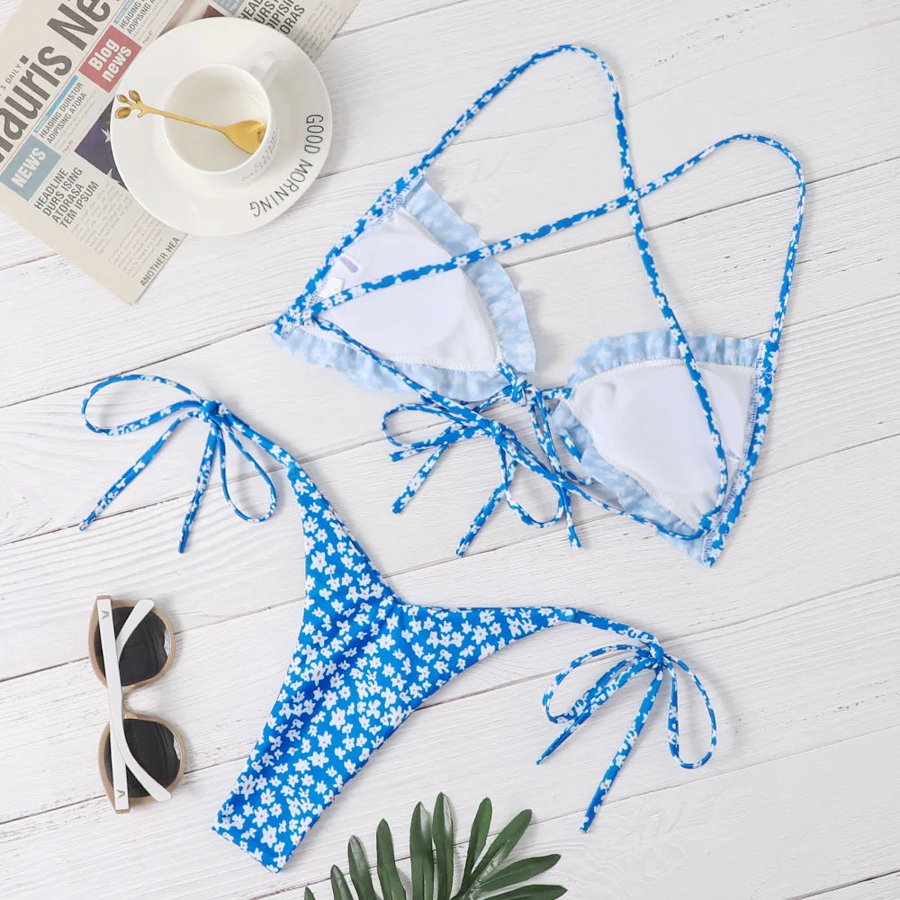 XCQJR-0117 Women's Floral Triangle Bikini String Set Drawstring Two-Piece Swimsuit for Beach OEM Service Available