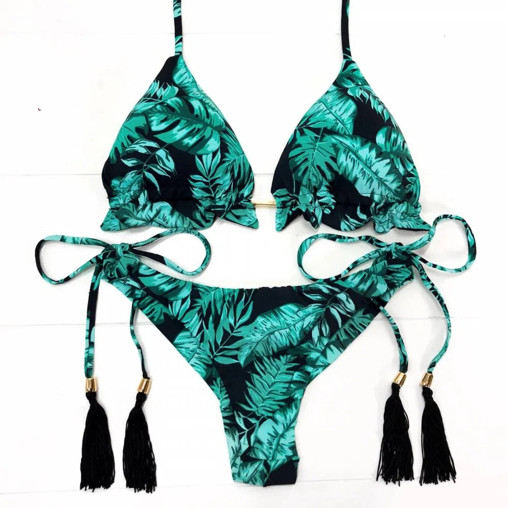 brazilian lace up push up bikini set micro swimwear designer tassels swimsuit beachwear outfit bathing suit women