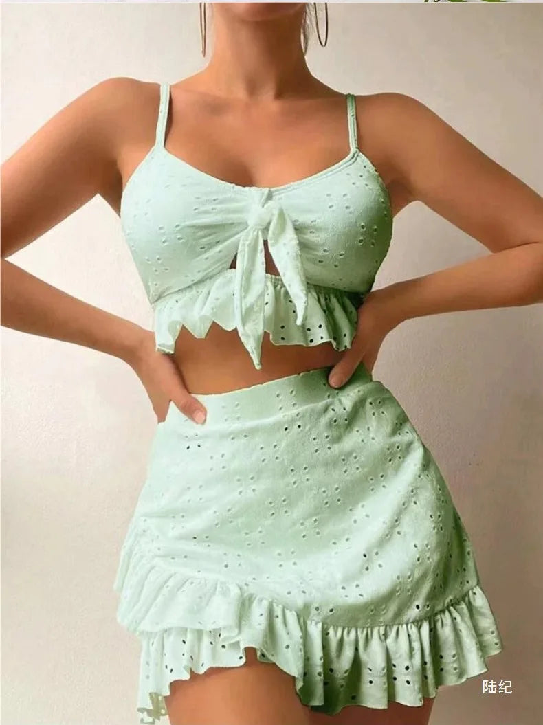 2025 European and American Women's Solid Color Sexy Split Swimsuit Bag Hip Skirt Three Piece Set Casual Beach Bikini