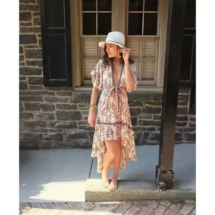 Robe Bohemian Lady Short Sleeve Rayon Summer Boho Dresses Women Hollow Out Sexy Beach Dress