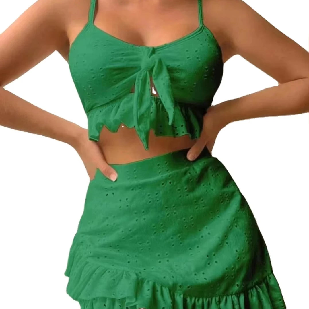 2025 European and American Women's Solid Color Sexy Split Swimsuit Bag Hip Skirt Three Piece Set Casual Beach Bikini