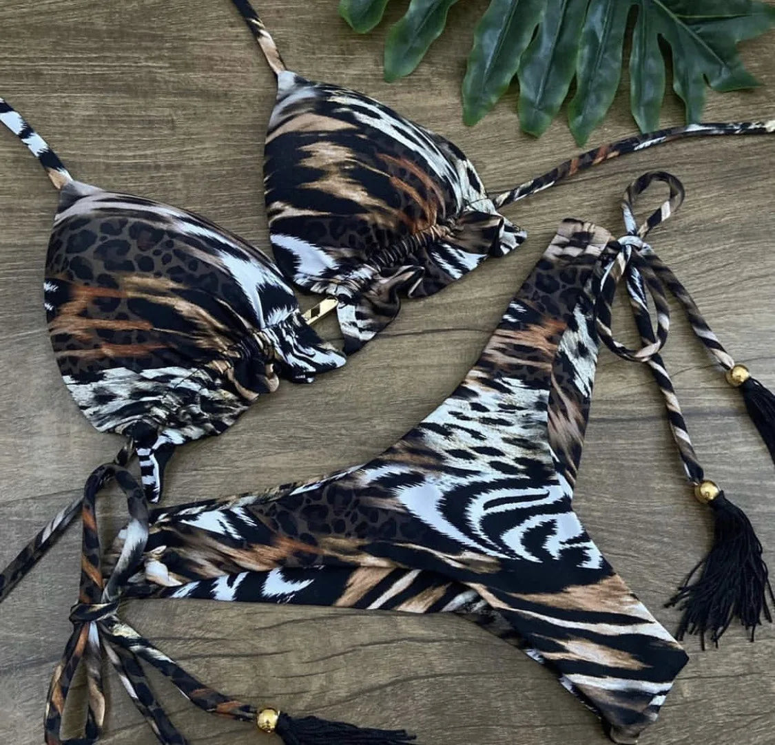 brazilian lace up push up bikini set micro swimwear designer tassels swimsuit beachwear outfit bathing suit women