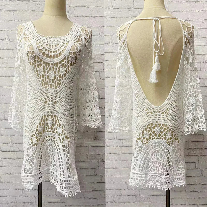 Sexy Women Bathing Suit Cover up Crochet Lace Bikini Bathing Suit Swimsuit Smock Knitting Swimwear Mesh Beach Dress Tunic Robe
