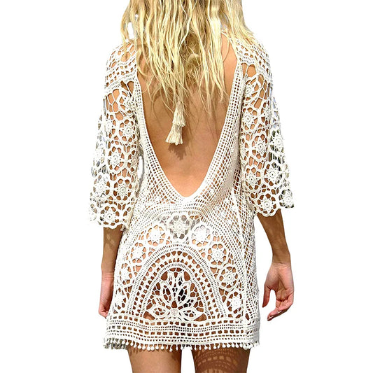 Sexy Women Bathing Suit Cover up Crochet Lace Bikini Bathing Suit Swimsuit Smock Knitting Swimwear Mesh Beach Dress Tunic Robe
