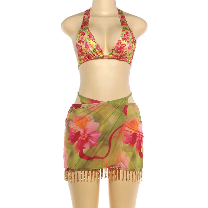Sexy Floral Printed Casual Three Piece Set Women Summer Clothing 2026 New Arrivals 3 Piece Swimsuits Sexy Bikini Set