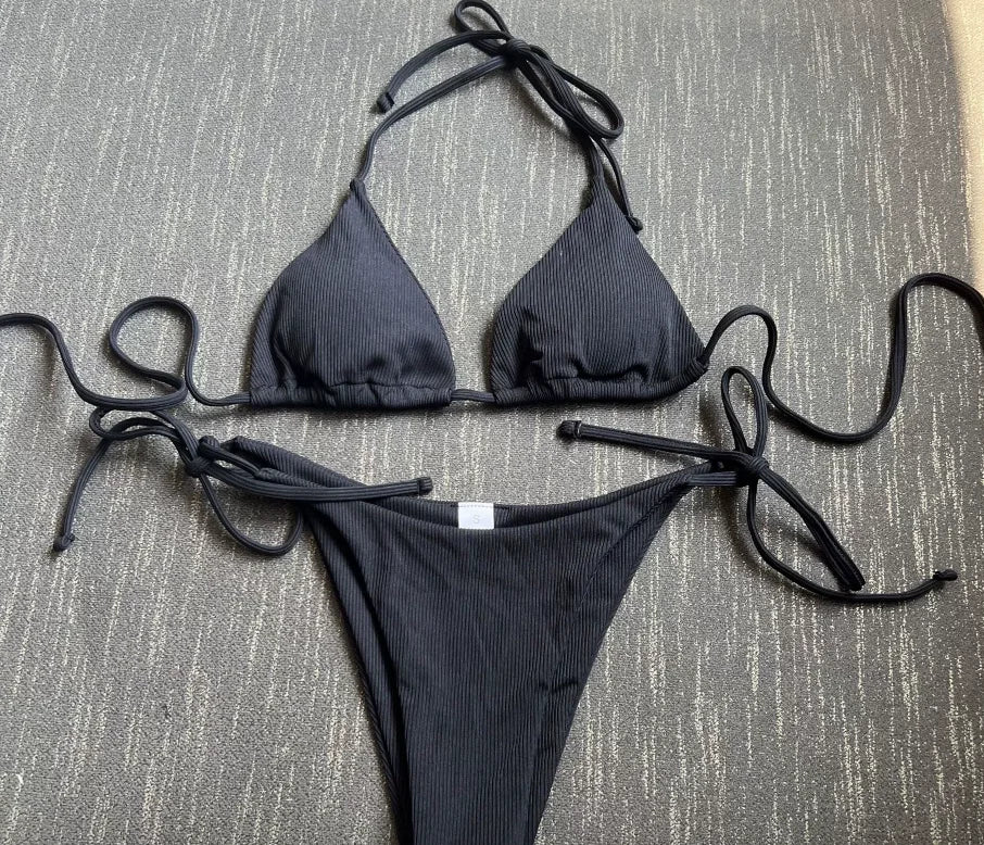 Women's Lace-Up Halter Ribbed Bikini Set - Solid Side Thong Swimsuit for Beach