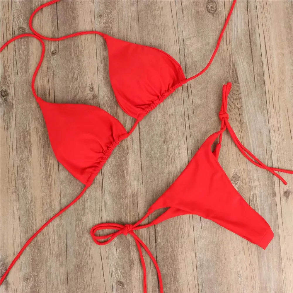 Women's Solid Bikini, Adjustable Tie Side Sexy Split Swimsuit, New Summer European American Beach Wear